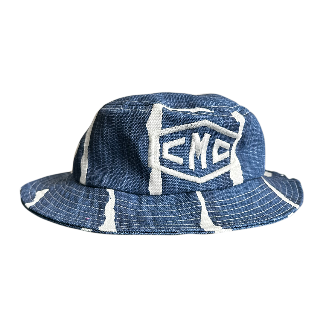 Blue Striped Denim Embroidered Bucket Hat